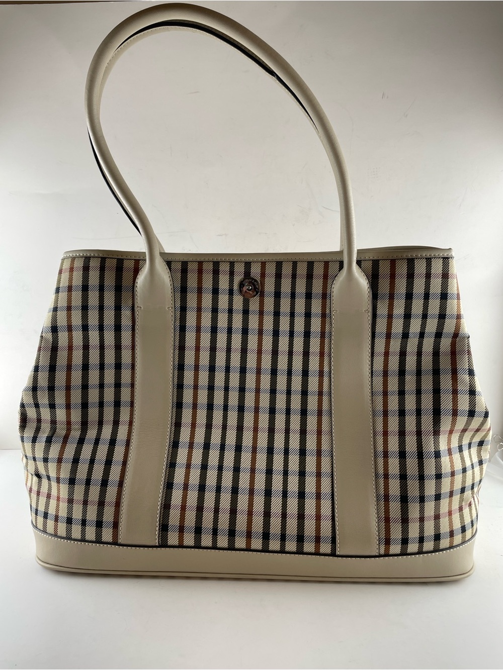 Dunlop Large Nova Check Plaid Tote Bag Cream Trim Like New